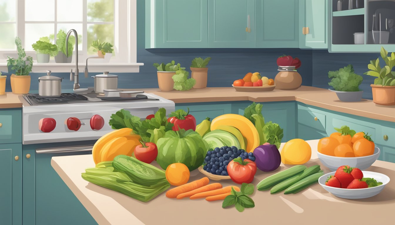 A kitchen counter with a variety of fresh fruits, vegetables, and whole grains. A cookbook open to a healthy recipe. No sugary snacks in sight