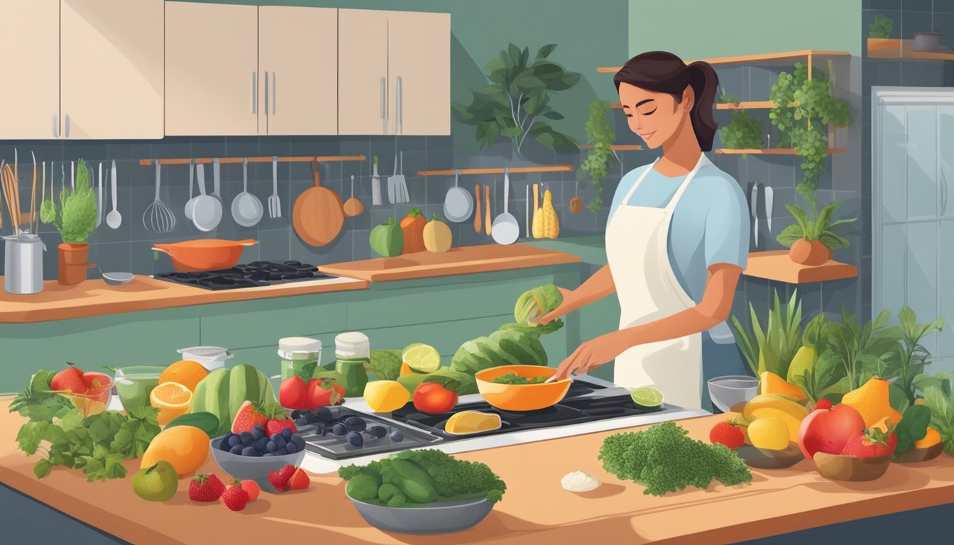 A person cooking in a kitchen, using fresh fruits and herbs as substitutes for sugar, with a variety of colorful ingredients and cooking utensils on the counter