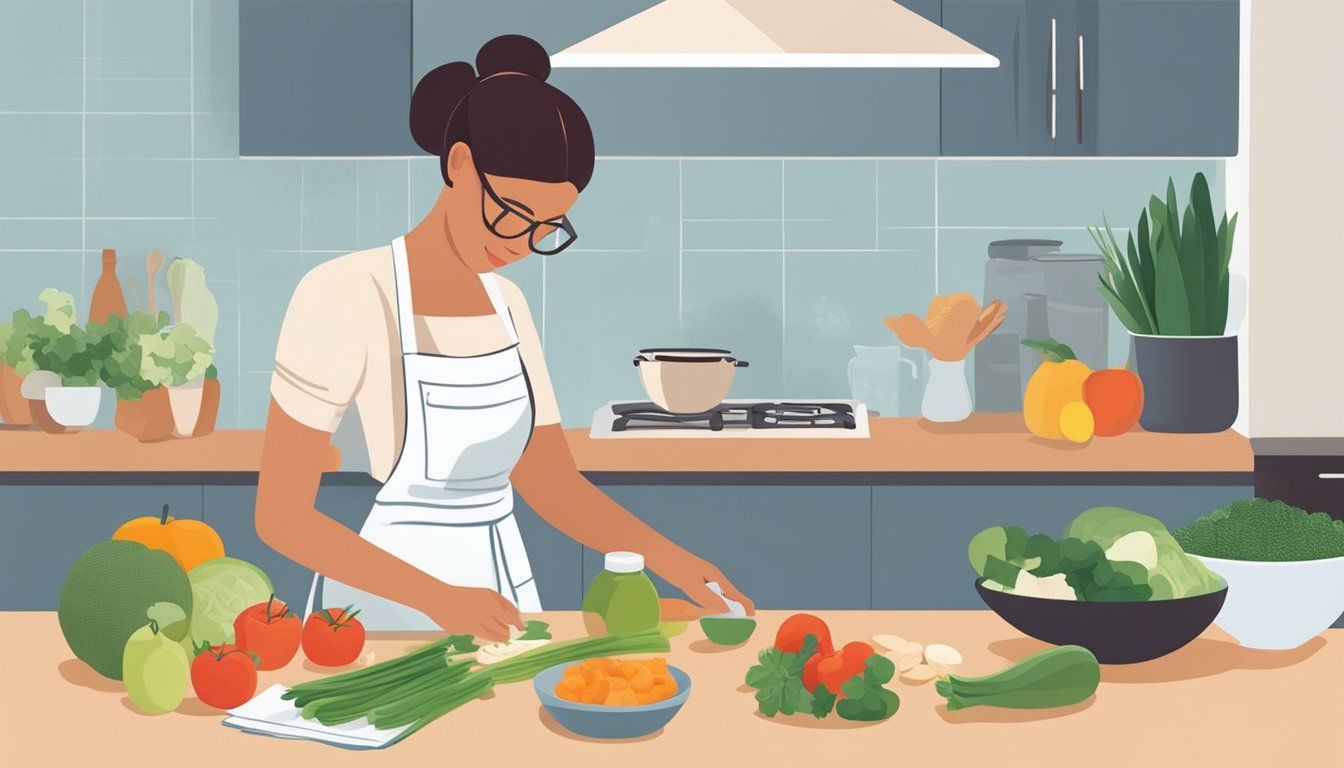 A person preparing a healthy meal, using fresh ingredients and measuring out sugar alternatives, with a cookbook open to a low-sugar recipe