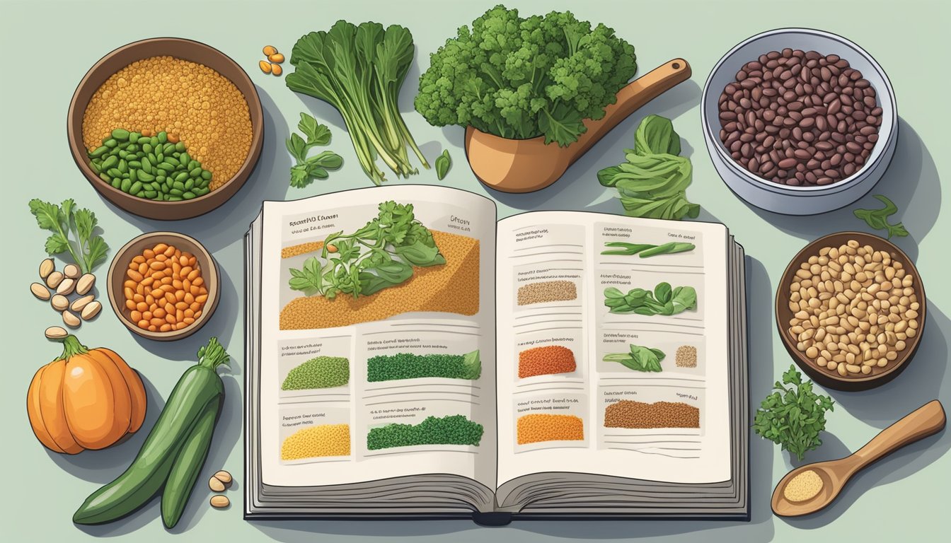 A kitchen counter with a variety of colorful vegetables, beans, lentils, tofu, and nuts arranged neatly next to a cookbook open to a page on plant-based protein recipes