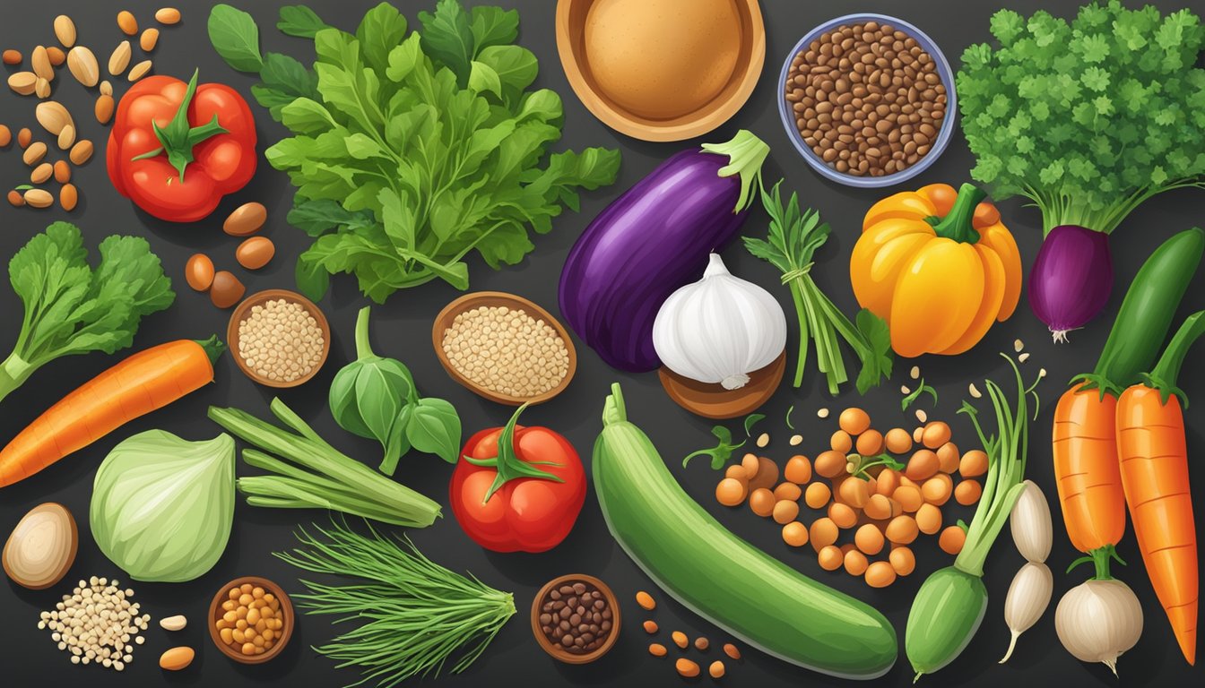 A colorful array of fresh vegetables, grains, and legumes arranged on a kitchen counter next to a variety of herbs and spices