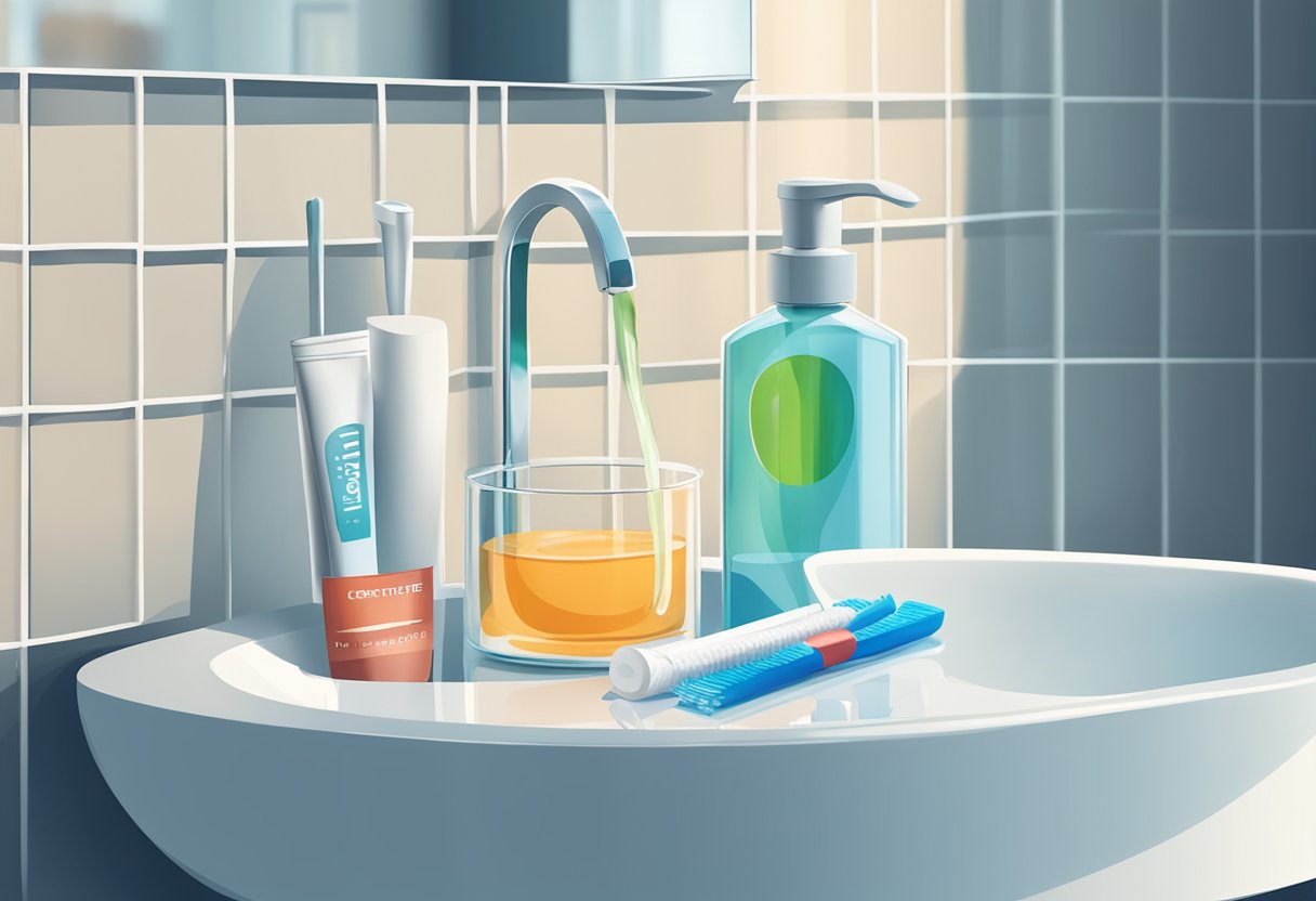 A toothbrush and toothpaste on a bathroom sink, with a glass of water and a dental floss nearby