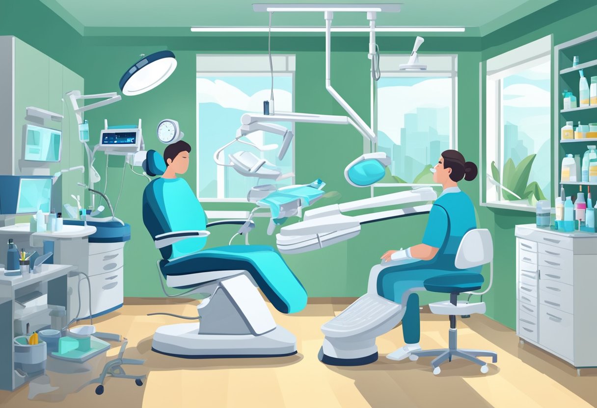 A dental chair surrounded by bright, sterile equipment and tools. A dentist and assistant prepare for a routine cleaning