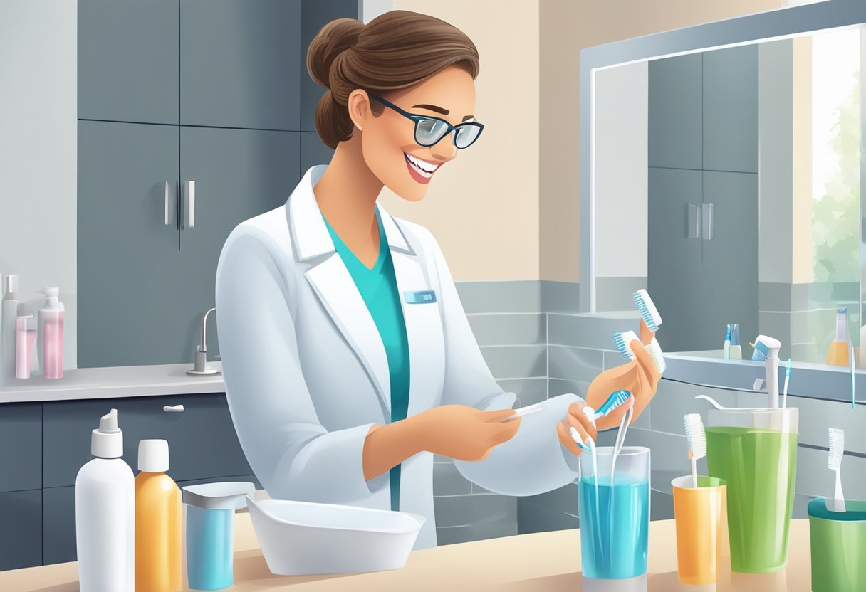 A dental hygienist carefully flosses between two sparkling white teeth, while a toothbrush and tube of toothpaste sit on the counter nearby