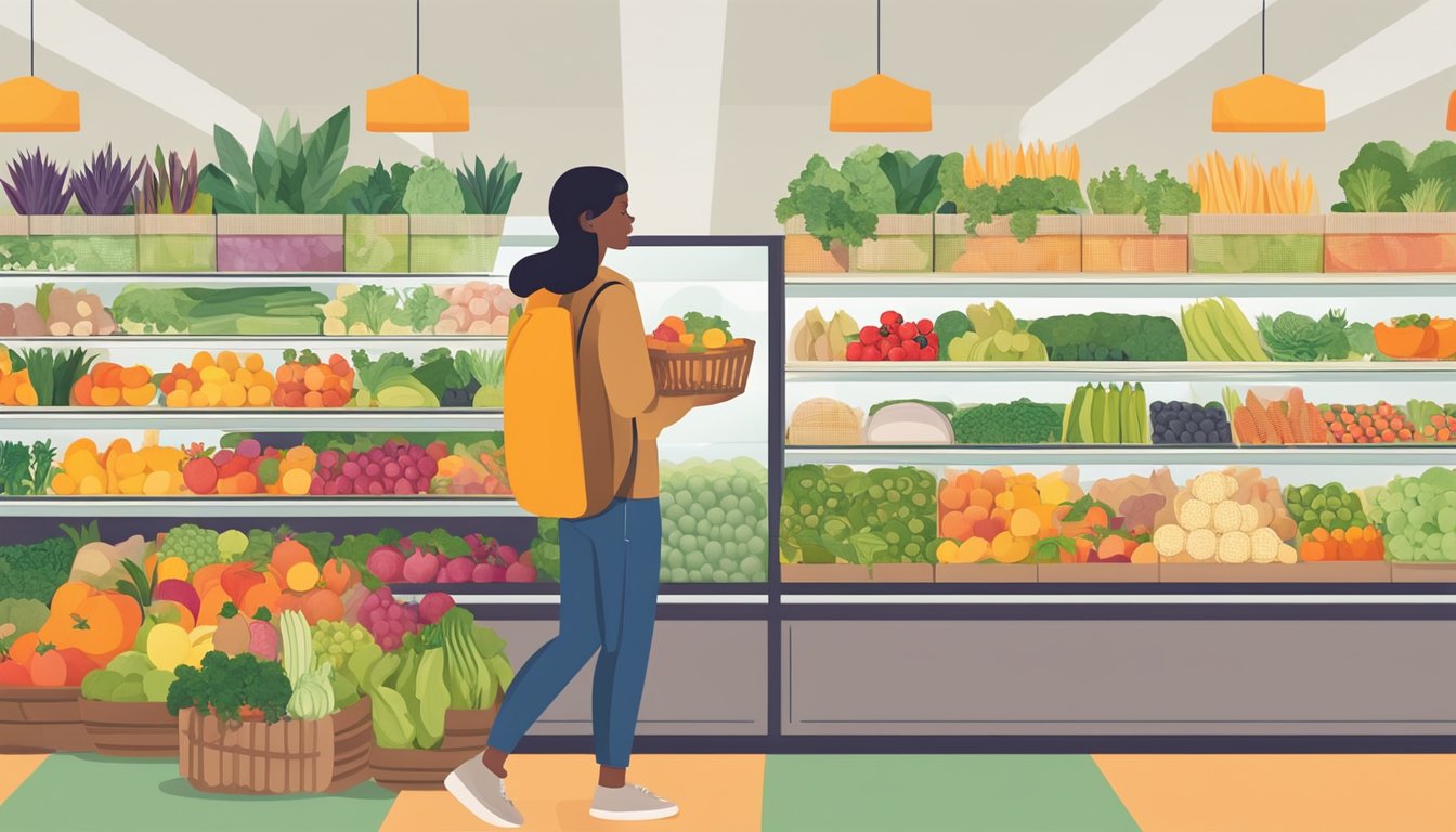 A person holding a basket filled with colorful fruits, vegetables, and plant-based ingredients, while standing in front of a display of fresh produce at a grocery store