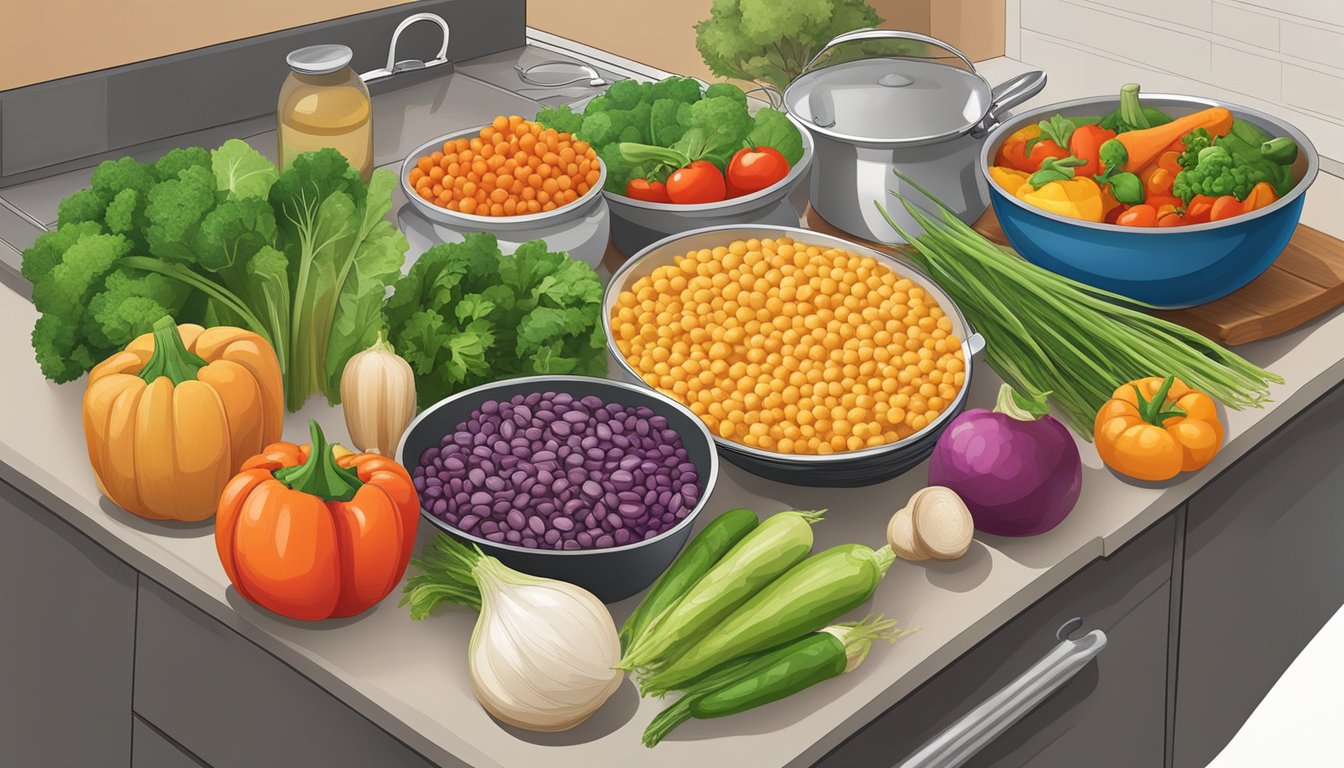 A colorful array of fresh vegetables, grains, and legumes arranged on a kitchen counter, with pots and pans in the background