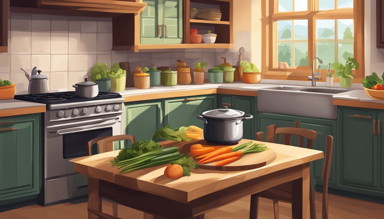 A cozy kitchen with a pot simmering on the stove, a cutting board with fresh vegetables, and a warm, inviting atmosphere