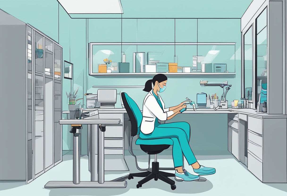 A dental hygienist cleaning teeth with various tools in a bright, modern office setting