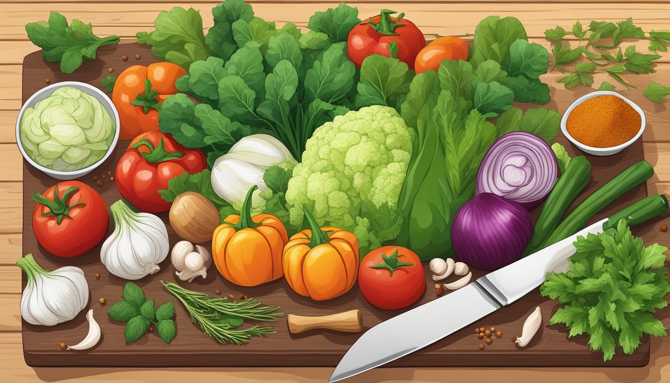 A colorful array of fresh vegetables and herbs arranged on a wooden cutting board, with a sharp knife and a variety of spices nearby