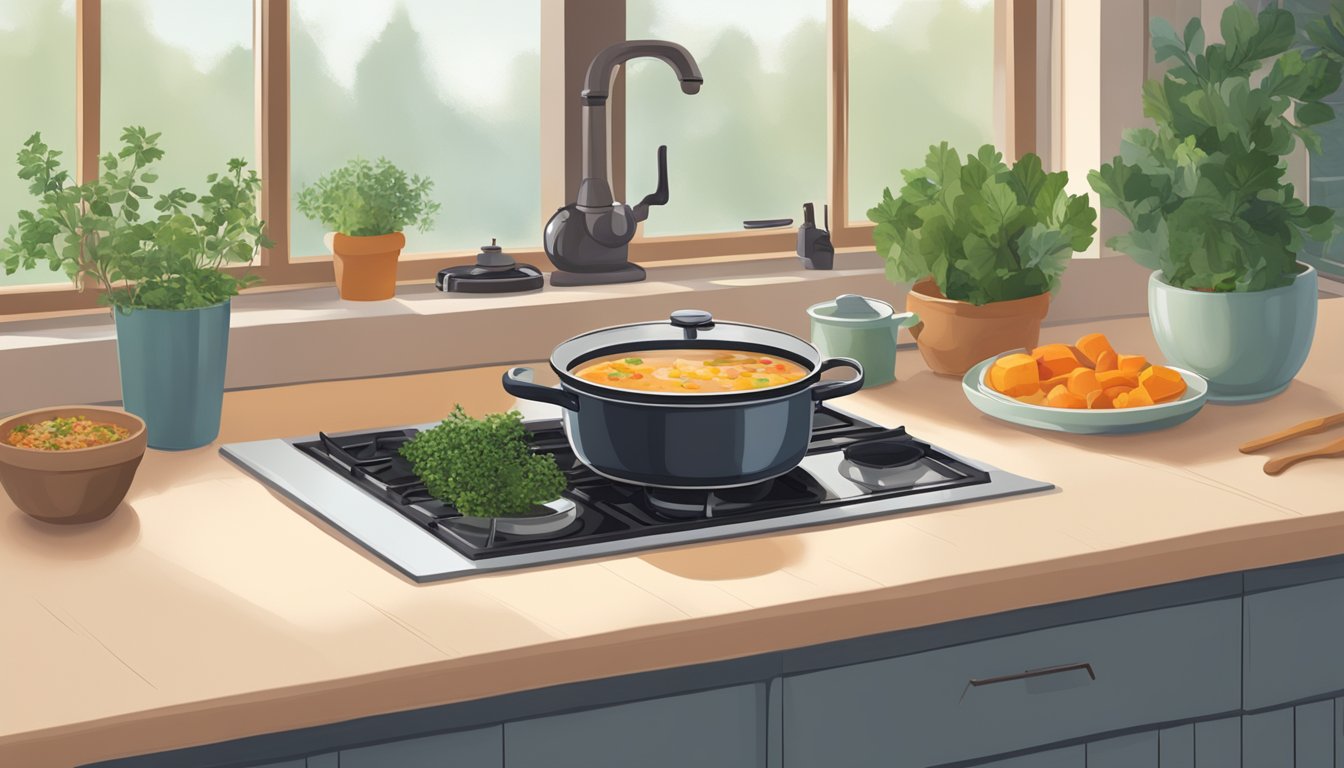 A cozy kitchen with soft natural light, a pot simmering on the stove, fresh herbs on the counter, and a comforting bowl of soup on the table