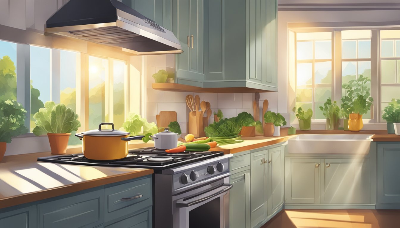 A serene kitchen with a pot simmering on the stove, fresh vegetables on the counter, and sunlight streaming in through the window