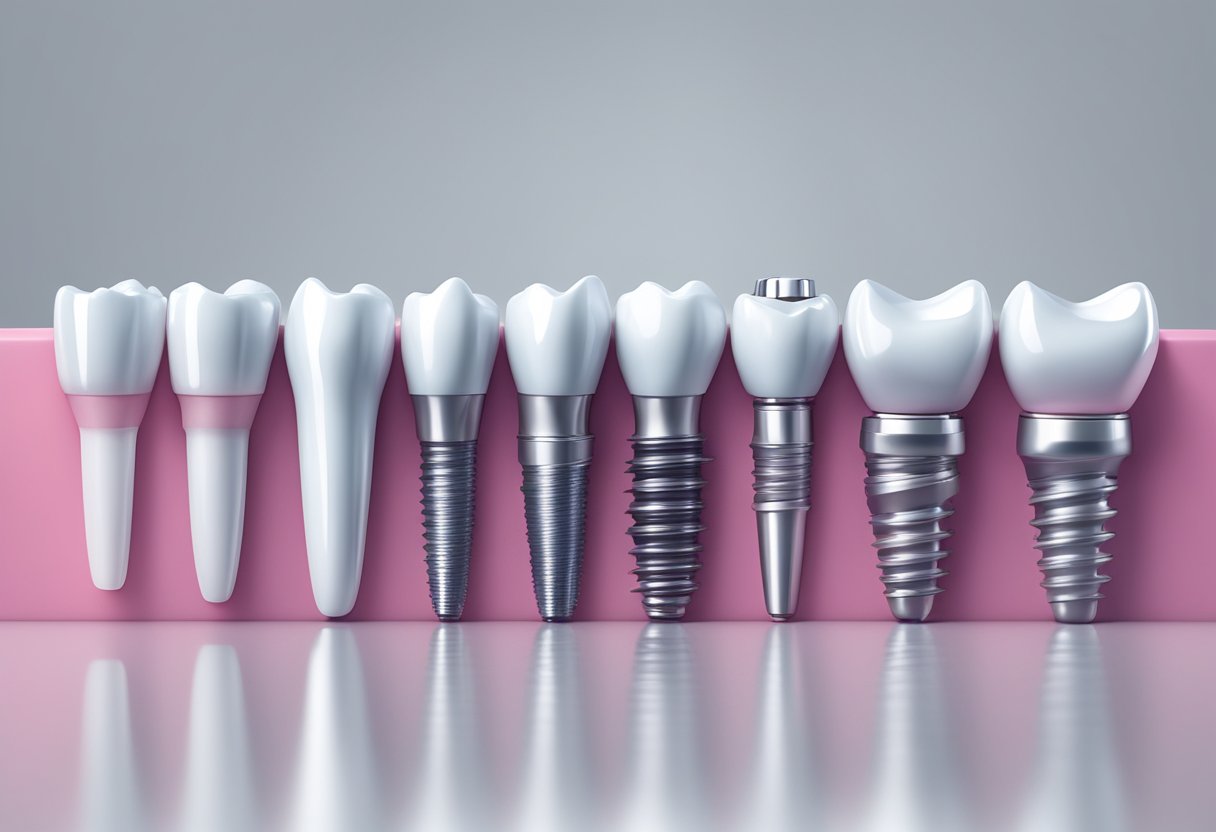 A row of dental implants, some intact and others broken, displayed on a sterile white surface under bright lighting