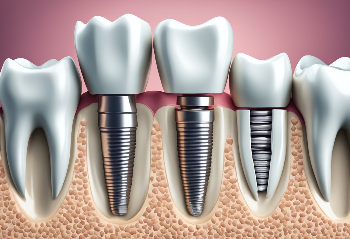 A dental implant surrounded by healthy teeth, with a few failed implants nearby, showing the contrast between success and failure