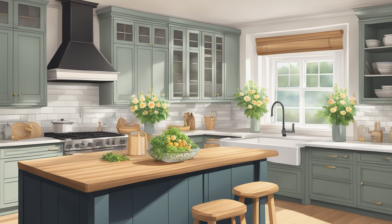 A serene kitchen with soft natural light, a clutter-free counter, and a pot simmering on the stove. A vase of fresh flowers adds a touch of warmth