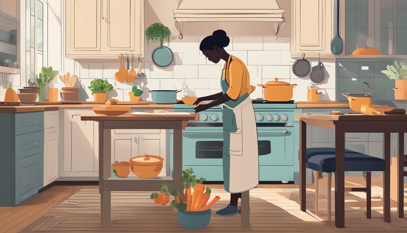 A serene kitchen with ingredients laid out, a pot simmering on the stove, and a person's silhouette in the background, symbolizing the process of emotional healing through cooking