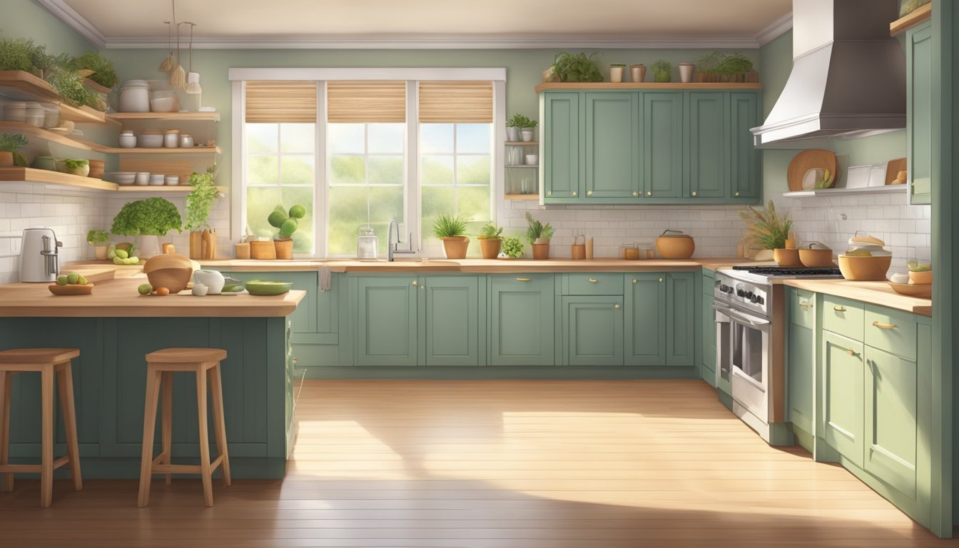 A peaceful kitchen with fresh ingredients and soothing colors, bathed in soft natural light, evoking a sense of calm and healing