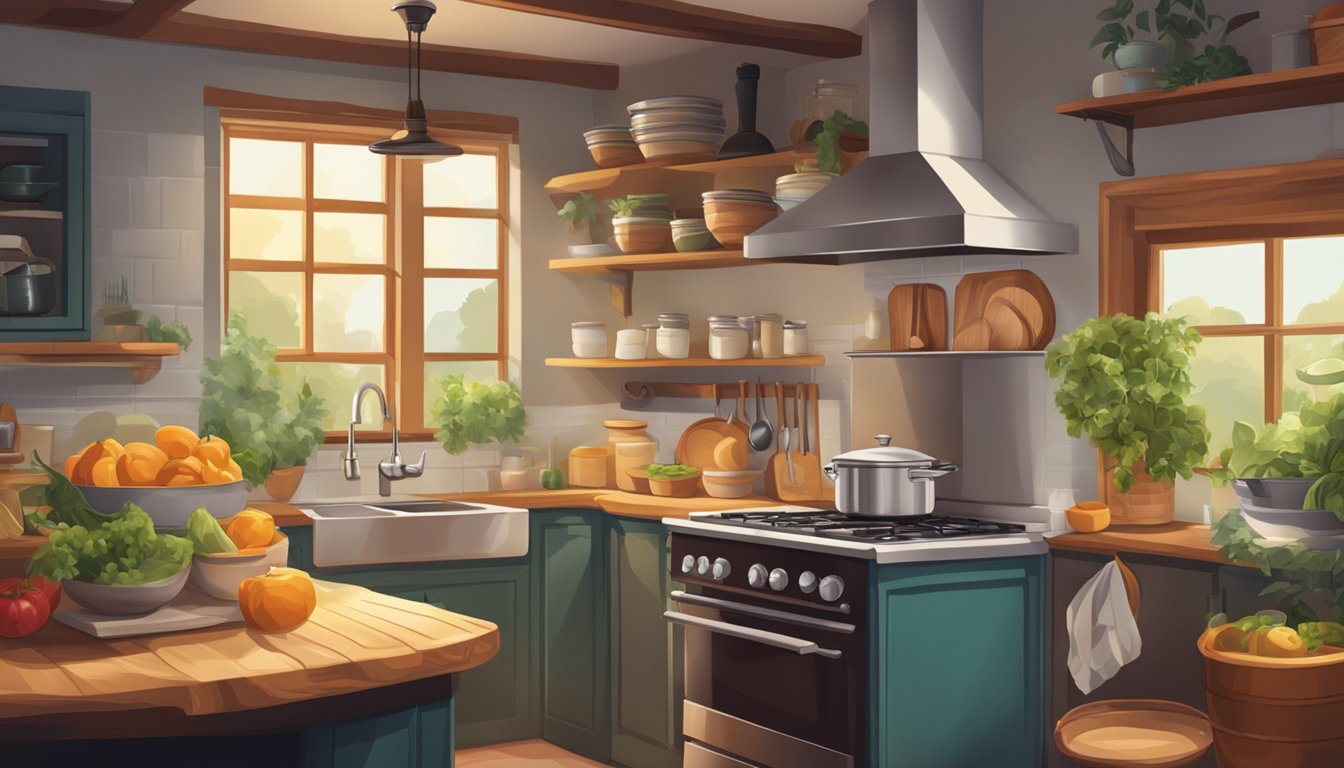 A cozy kitchen with fresh ingredients, a pot simmering on the stove, and a warm, inviting atmosphere