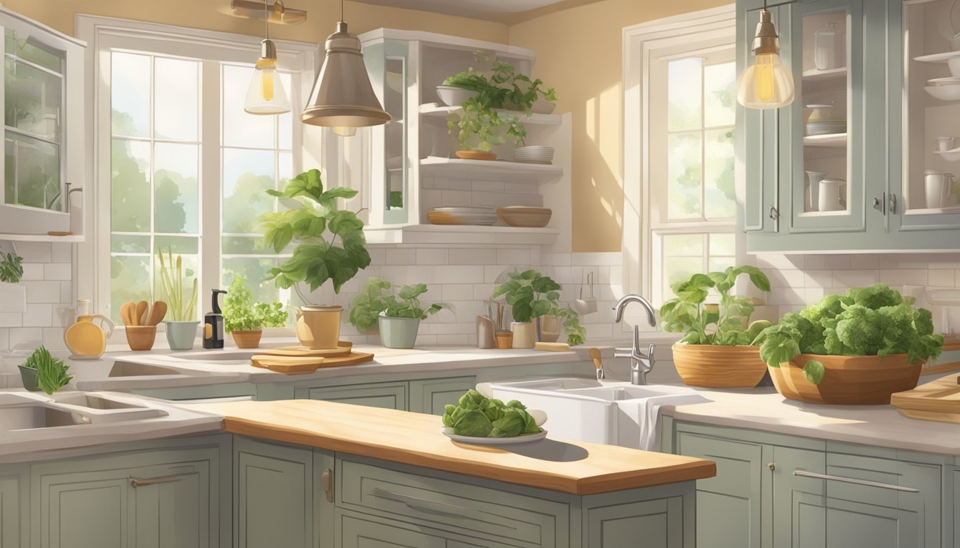 A serene kitchen with fresh ingredients and cooking utensils, bathed in warm natural light, creating a peaceful and nurturing environment for self-care and rebuilding