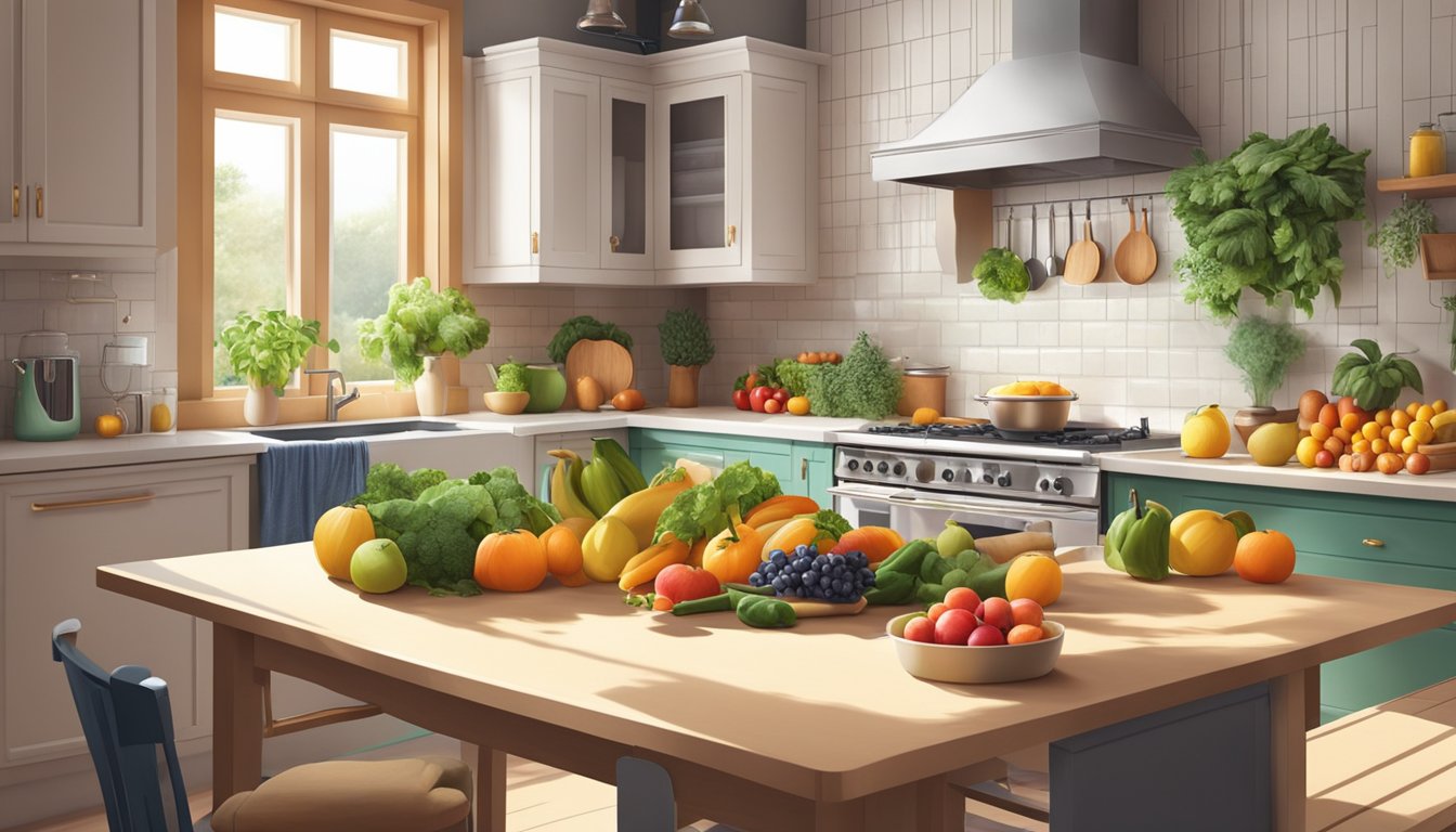 A serene kitchen with fresh ingredients, a variety of colorful fruits and vegetables, and a peaceful atmosphere with soft natural lighting