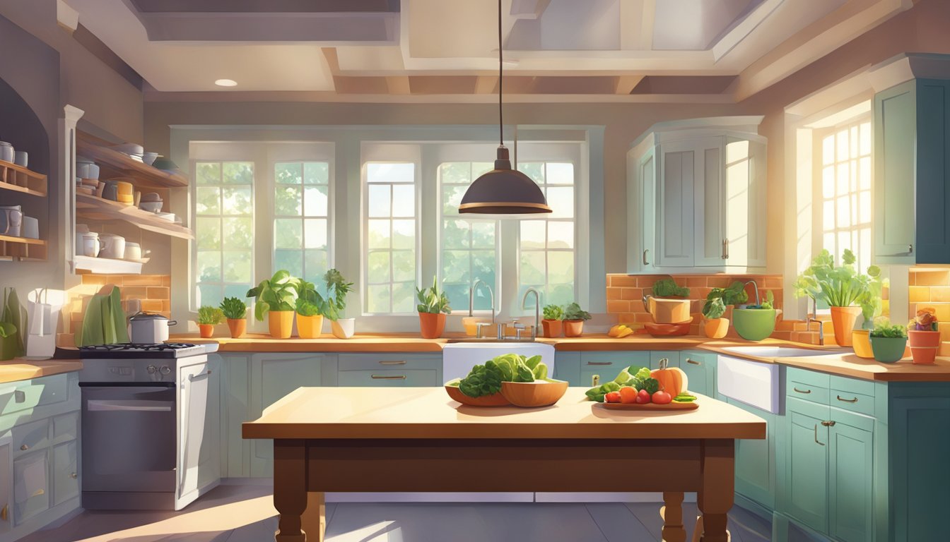 A kitchen with fresh ingredients, sunlight streaming in, and a vibrant color palette, conveying hope and renewal