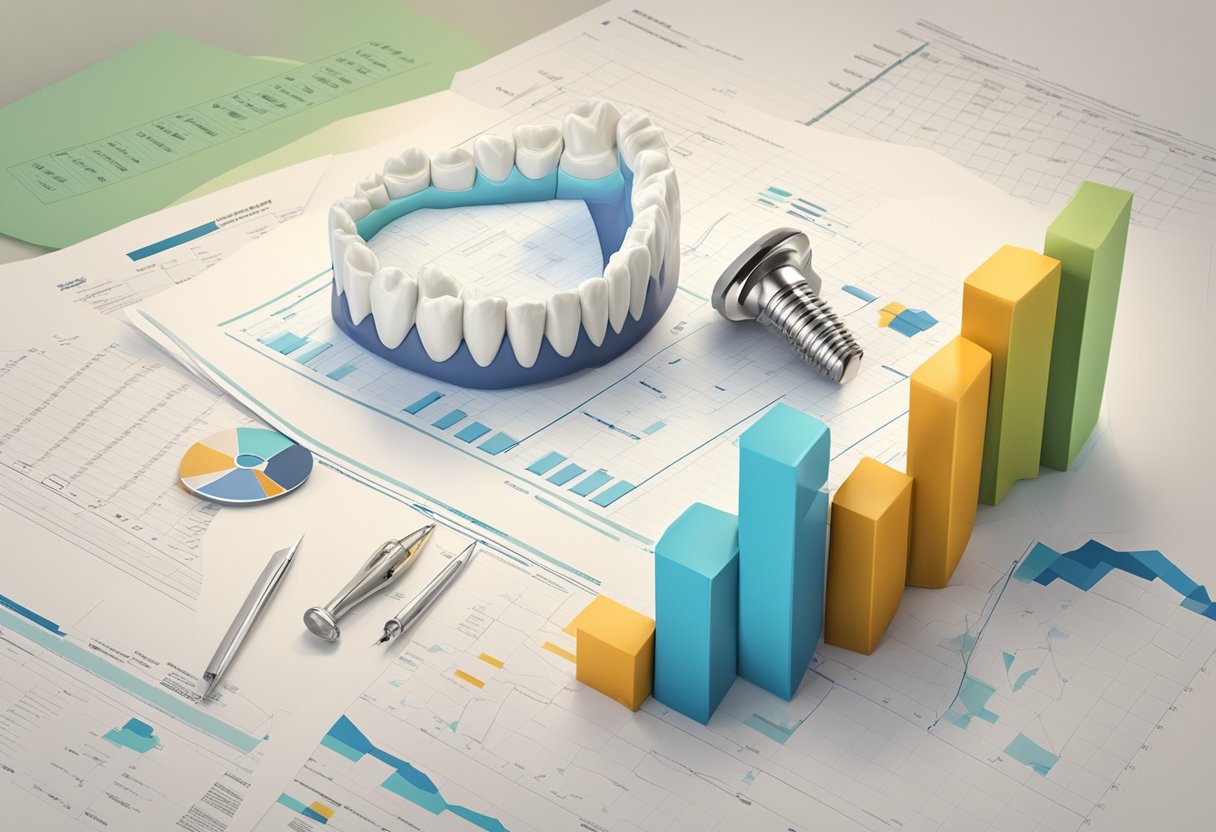 A dental implant surrounded by scientific research papers and charts, with a graph showing the percentage of failed implants over time