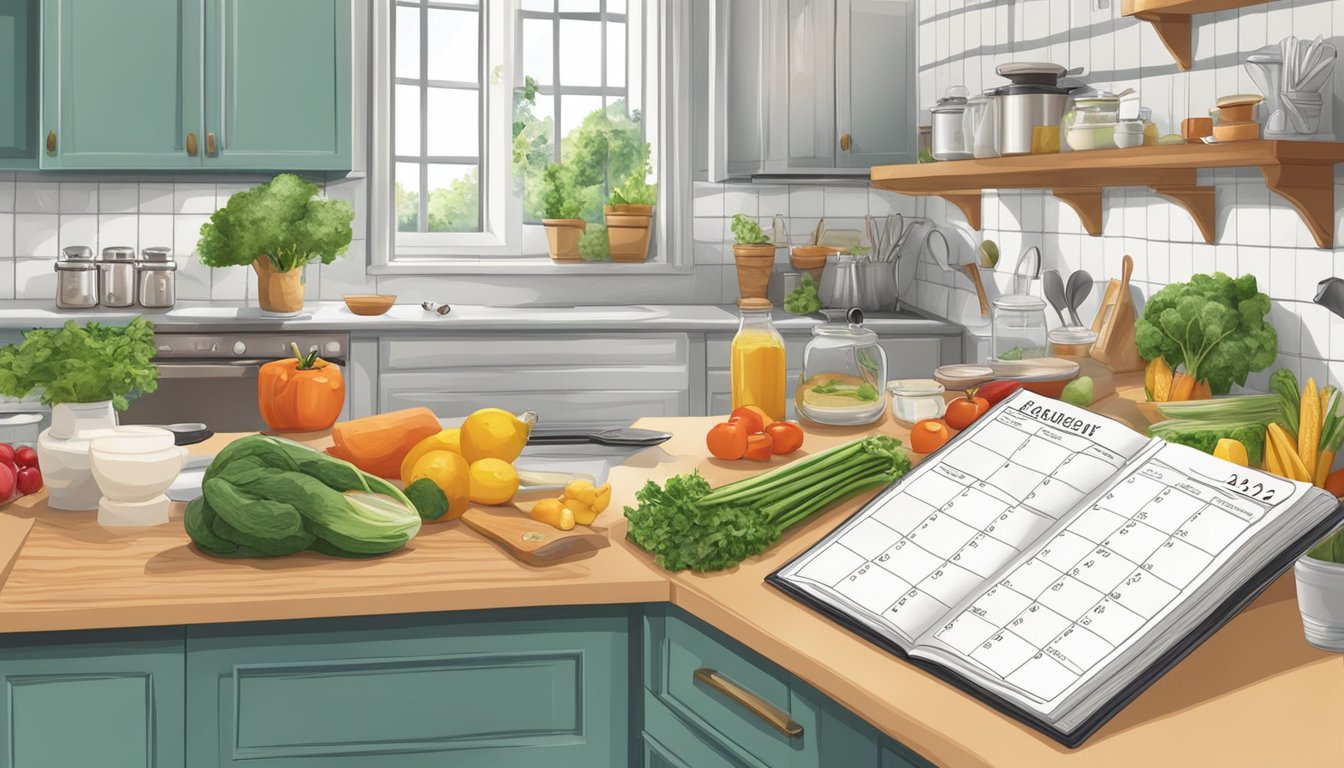 A kitchen filled with fresh ingredients, a cookbook open to a challenging recipe, and a calendar with marked achievement dates