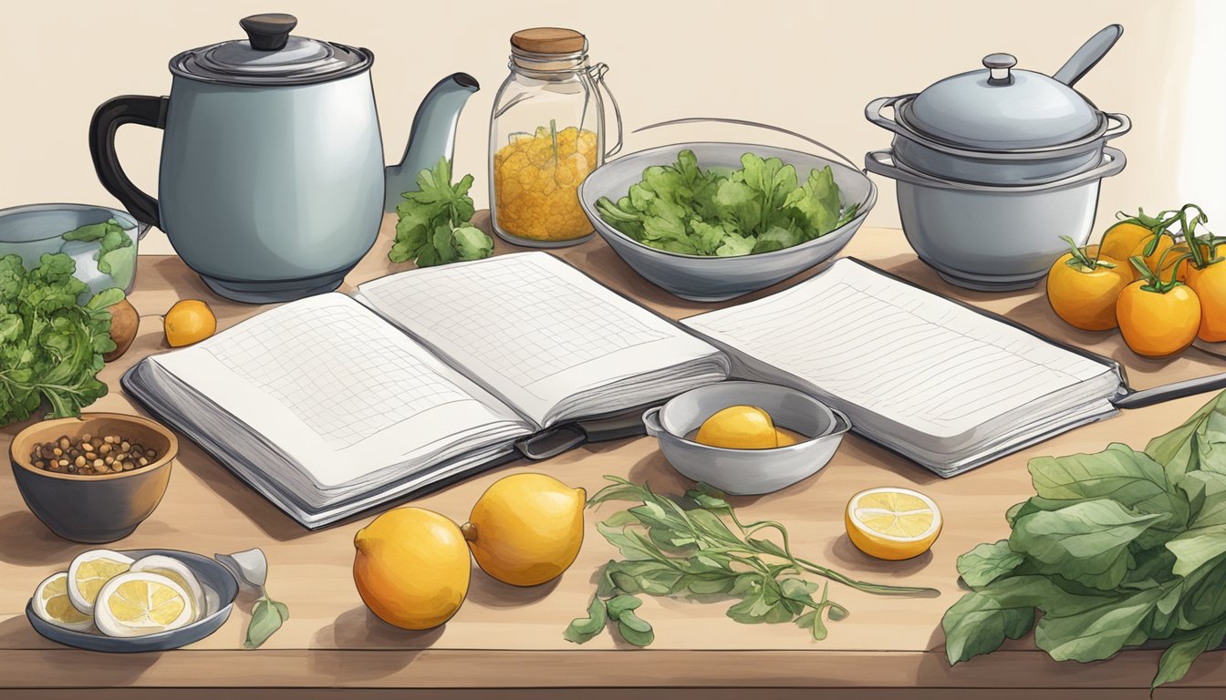 A kitchen counter with fresh ingredients, a cookbook, and a journal open to a page filled with handwritten cooking notes