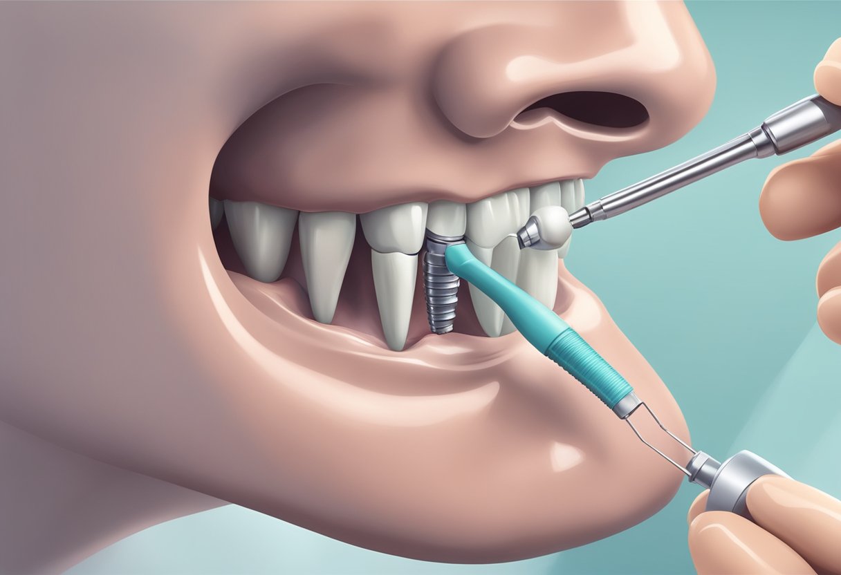 A dental implant being carefully inserted into a patient's jawbone by a skilled dentist using precision tools and equipment