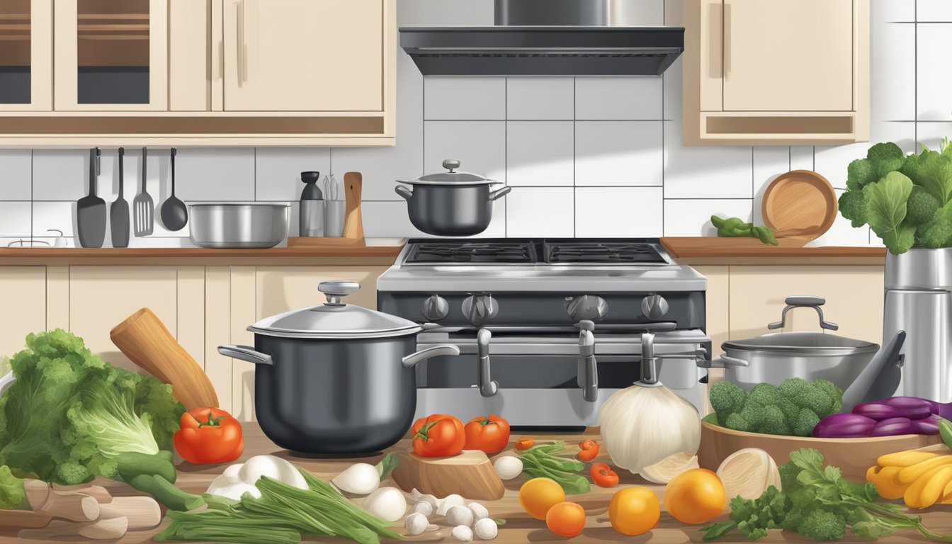 A kitchen scene with fresh ingredients, a stove, and cooking utensils, symbolizing progress and resilience in rebuilding one's life