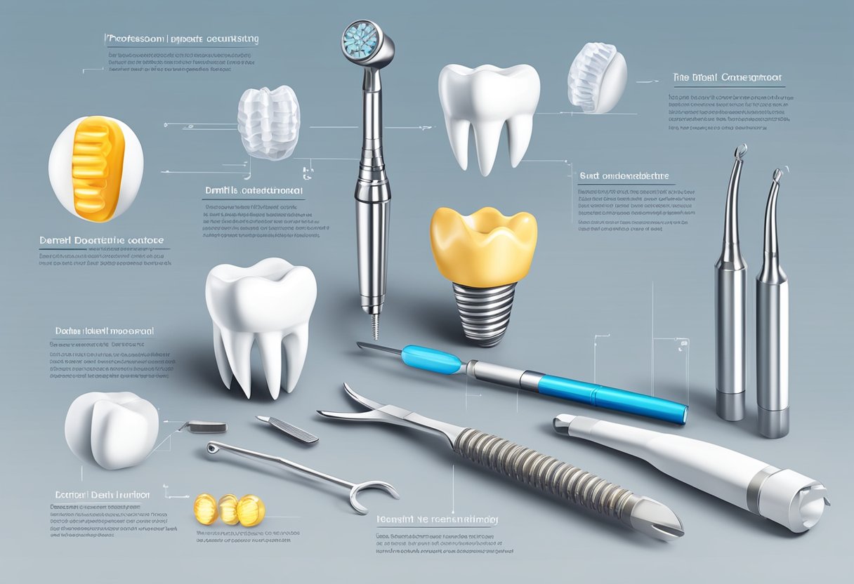 A dental implant surrounded by various types of dental tools and equipment, with a price list and cost considerations displayed nearby