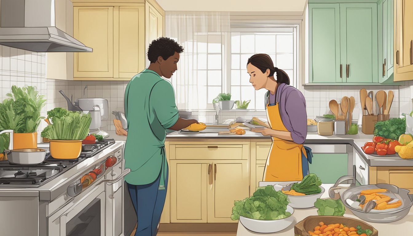 A person standing in a kitchen, surrounded by cooking utensils and ingredients, engaging in conversation with another person while preparing a meal