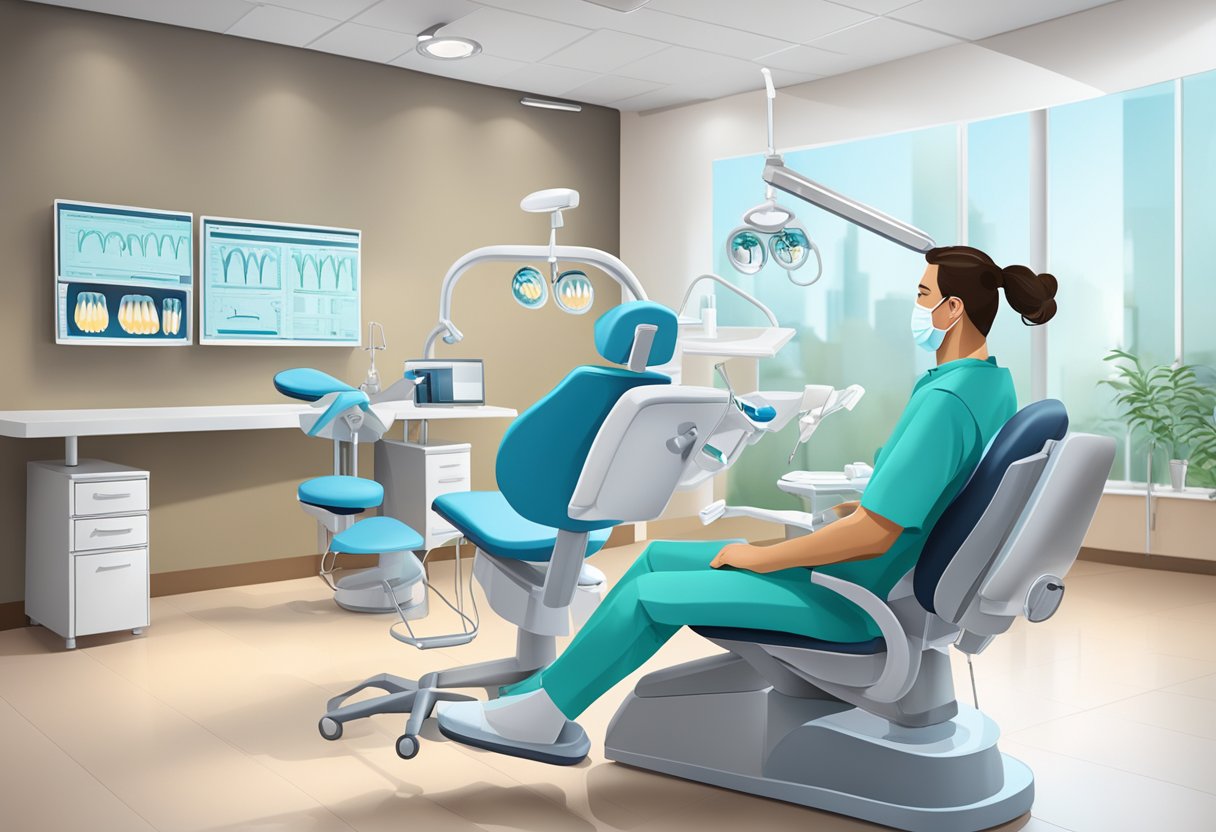 A dental office with various types of dental implants displayed on a table, while a dentist explains to a patient