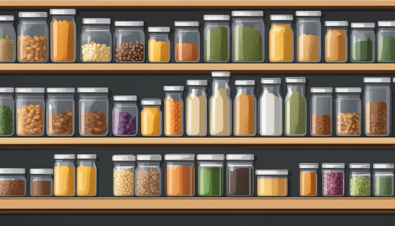 A well-stocked pantry with canned goods, grains, and spices neatly organized on shelves, ready for cooking with dietary restrictions