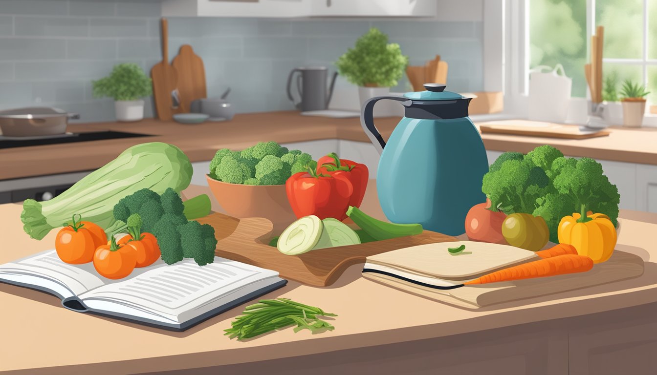 A kitchen counter with fresh vegetables, a cutting board, and a skillet, surrounded by a yoga mat, meditation cushion, and a book on personal development