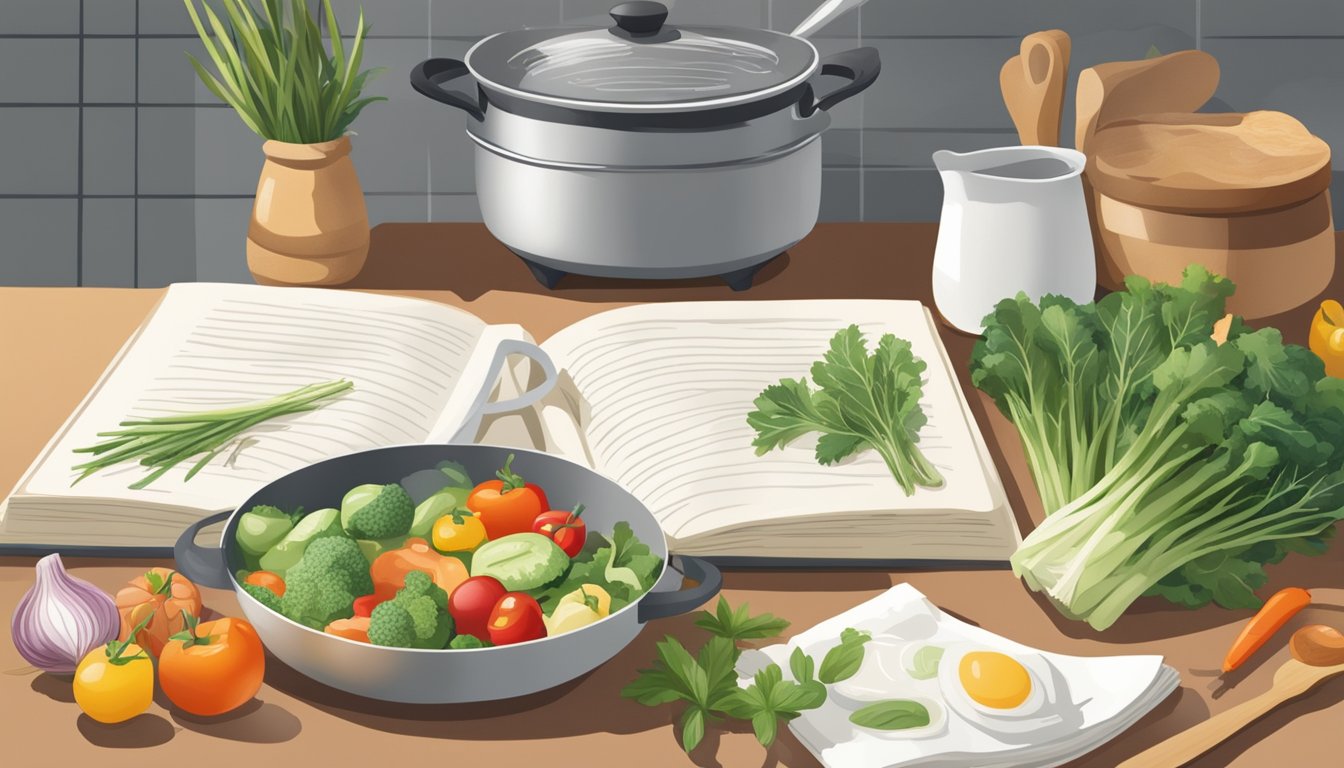 A serene kitchen with fresh ingredients, a pot on the stove, and a cookbook open to a page on healthy recipes