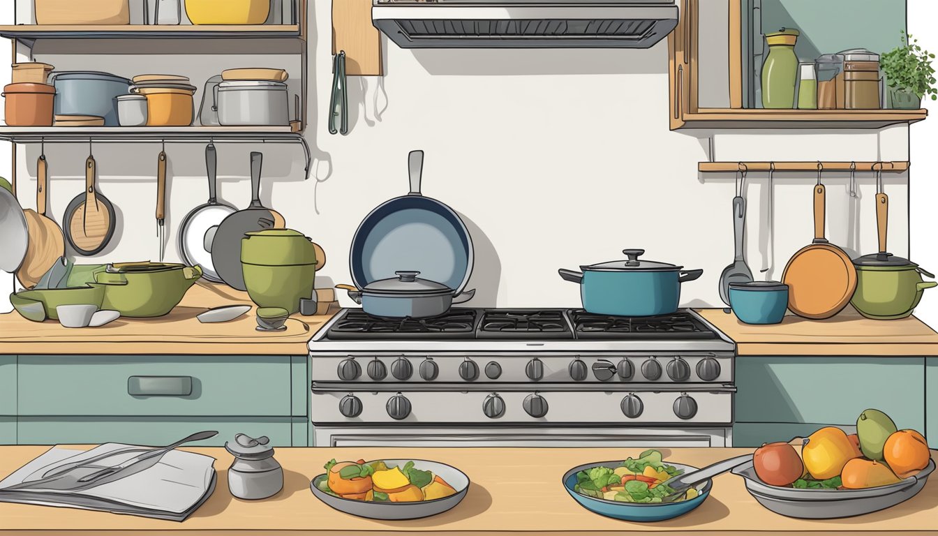 A cluttered kitchen with basic cookware, a small stovetop, and a cookbook open to a simple recipe