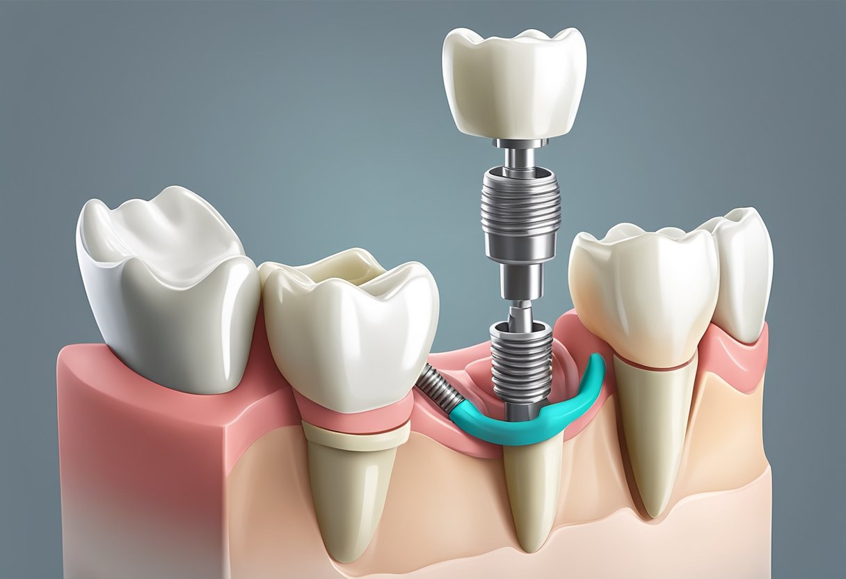 A dental implant being surgically placed into the jawbone, with the abutment and crown being attached in a step-by-step process