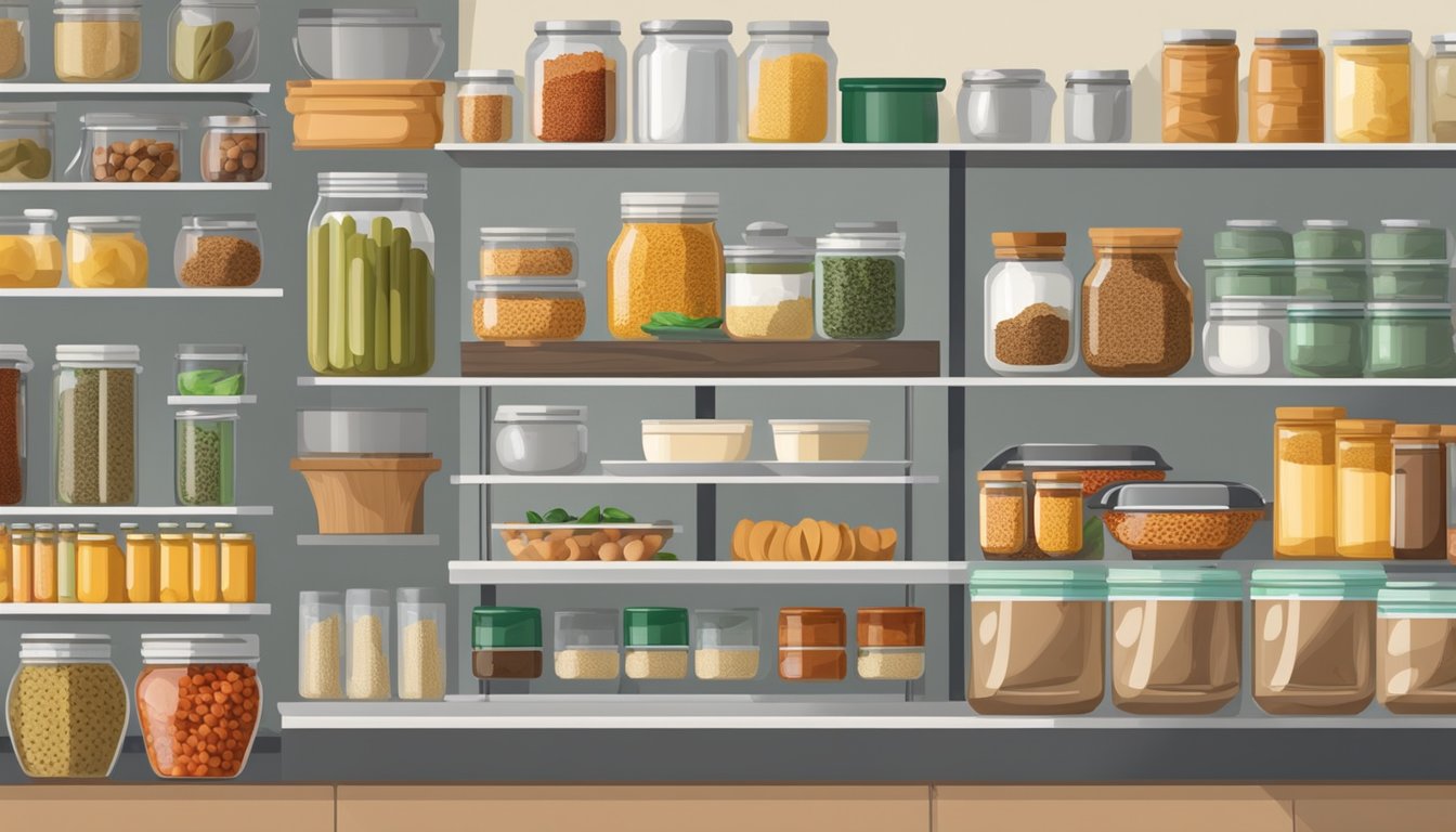 A well-stocked pantry with shelves of canned goods, jars of spices, and bags of rice and pasta. A variety of cooking utensils and pots are neatly organized on the countertop