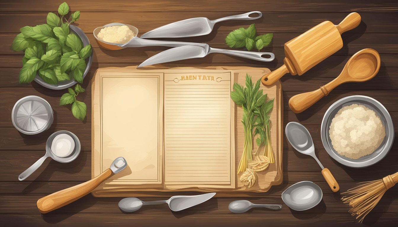 A rustic kitchen with vintage utensils and a worn recipe card laid out on a wooden counter, surrounded by fresh ingredients and a warm, inviting glow from the stove