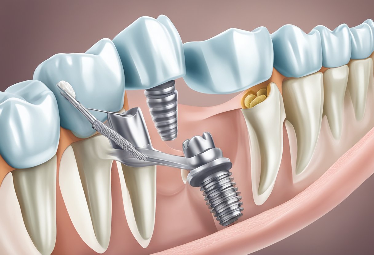 A dental implant being placed into the jawbone, with the surrounding tissue healing and integrating with the implant over time