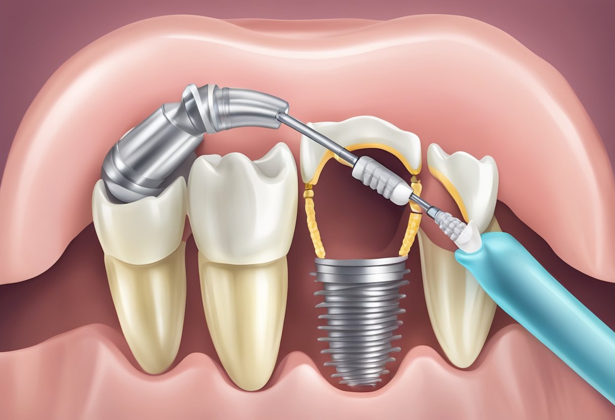 A close-up illustration of a dental implant being inserted into the jawbone, showing the process of osseointegration and the integration of the implant with the surrounding bone tissue