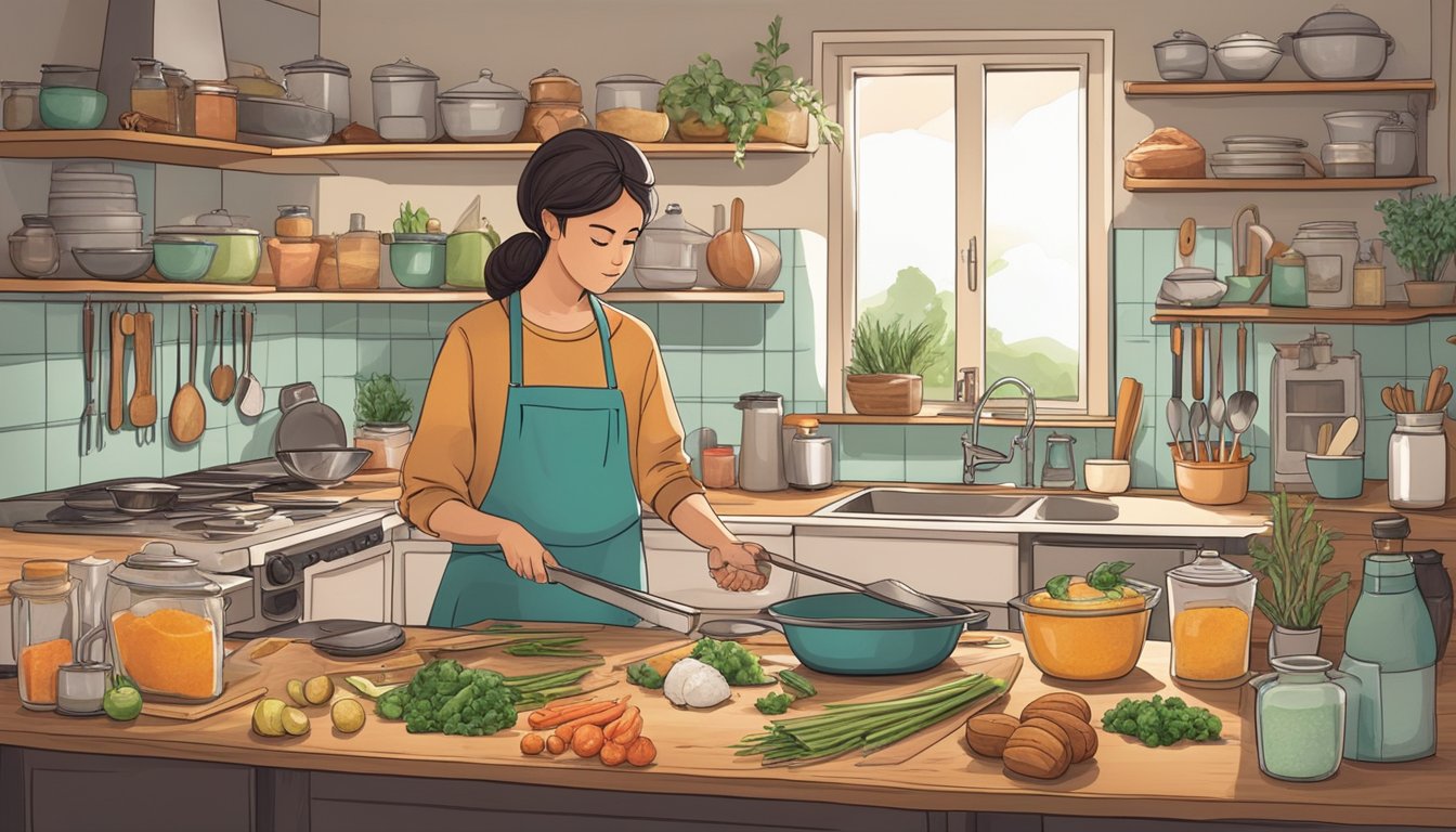 A person cooking in a kitchen, surrounded by various ingredients and utensils. They are following a recipe and focused on the task at hand