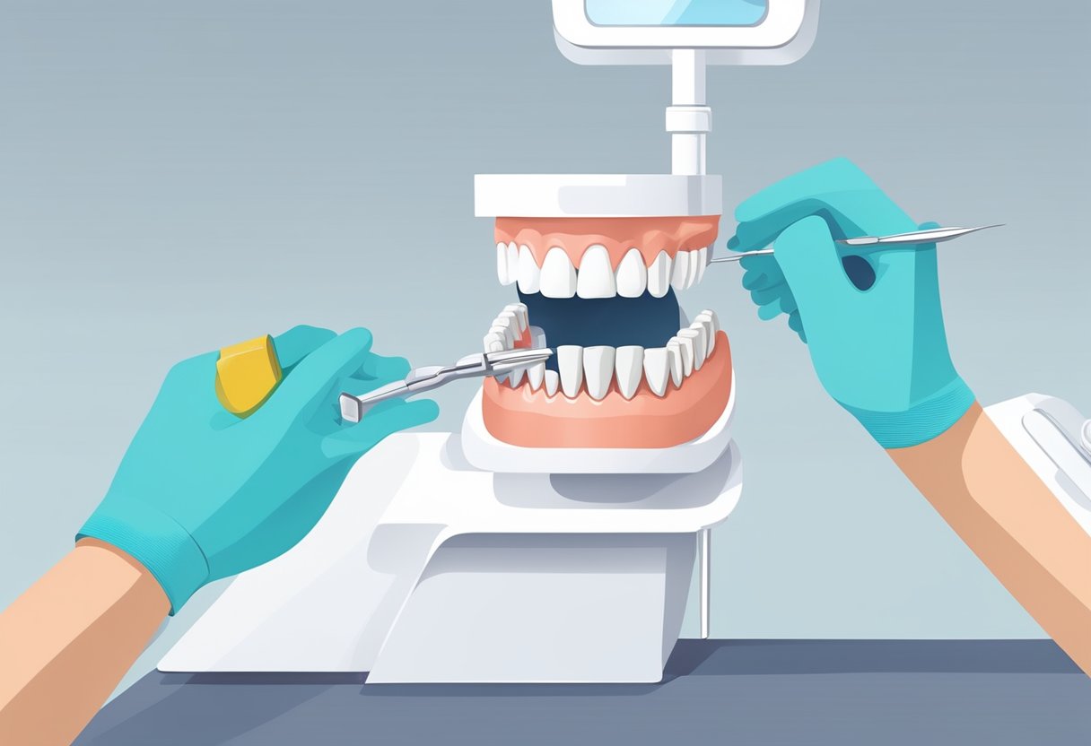 A dental implant being placed into a patient's jawbone by a dentist using specialized tools and equipment