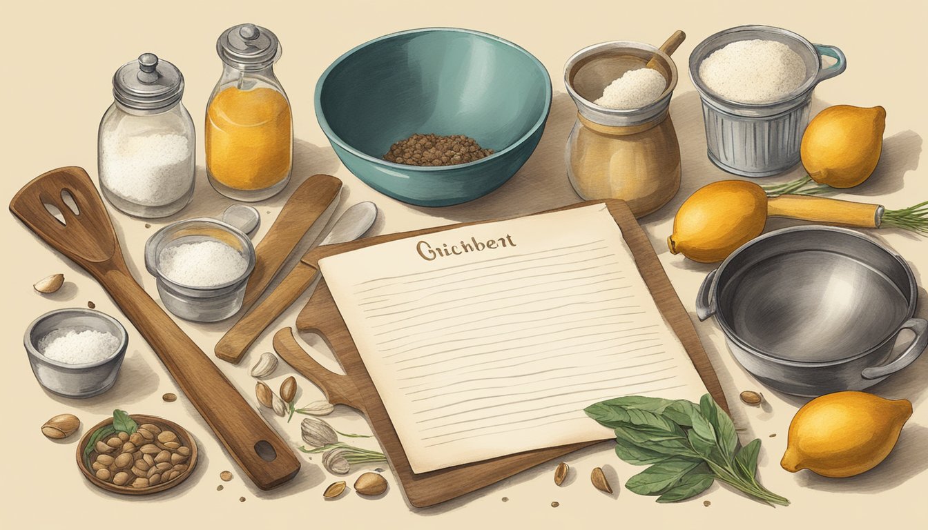 A well-worn recipe card surrounded by vintage kitchen tools and ingredients, with a sense of warmth and tradition