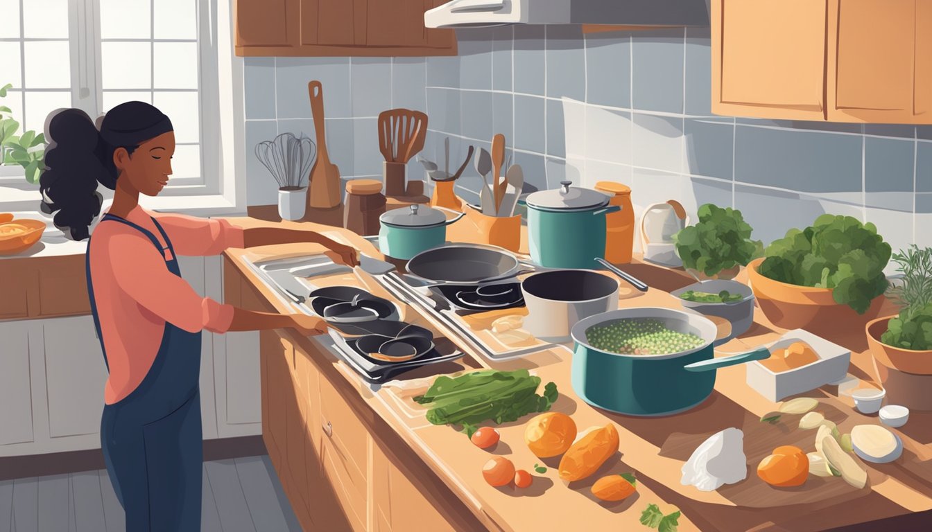 A person cooking in a kitchen with various ingredients and utensils laid out on the counter, while a pot simmers on the stove