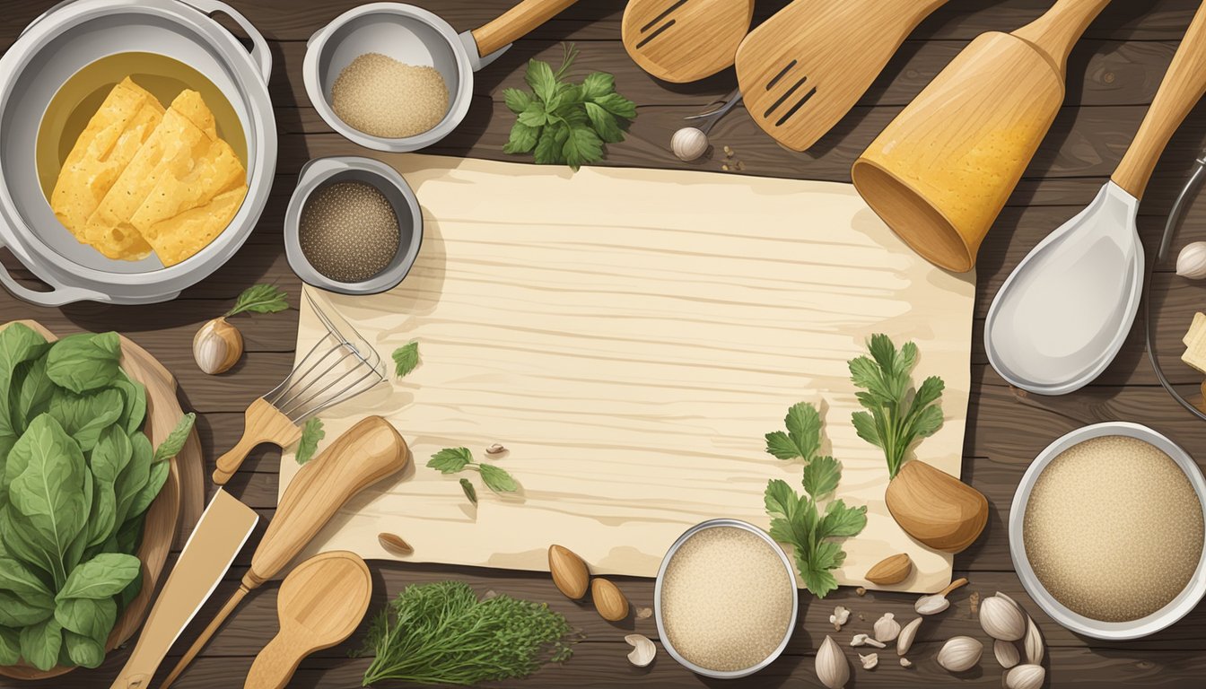 A vintage recipe card surrounded by scattered ingredients and cooking utensils on a rustic kitchen counter