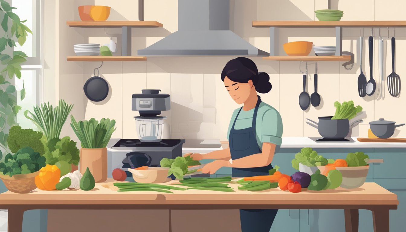 A person preparing a simple meal in a tidy kitchen, surrounded by fresh ingredients and cooking utensils, with a sense of calm and determination