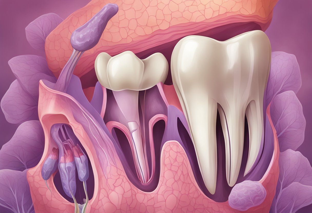 A detailed illustration of a healthy tooth surrounded by inflamed and dysfunctional salivary glands, with the lupus symbol looming in the background