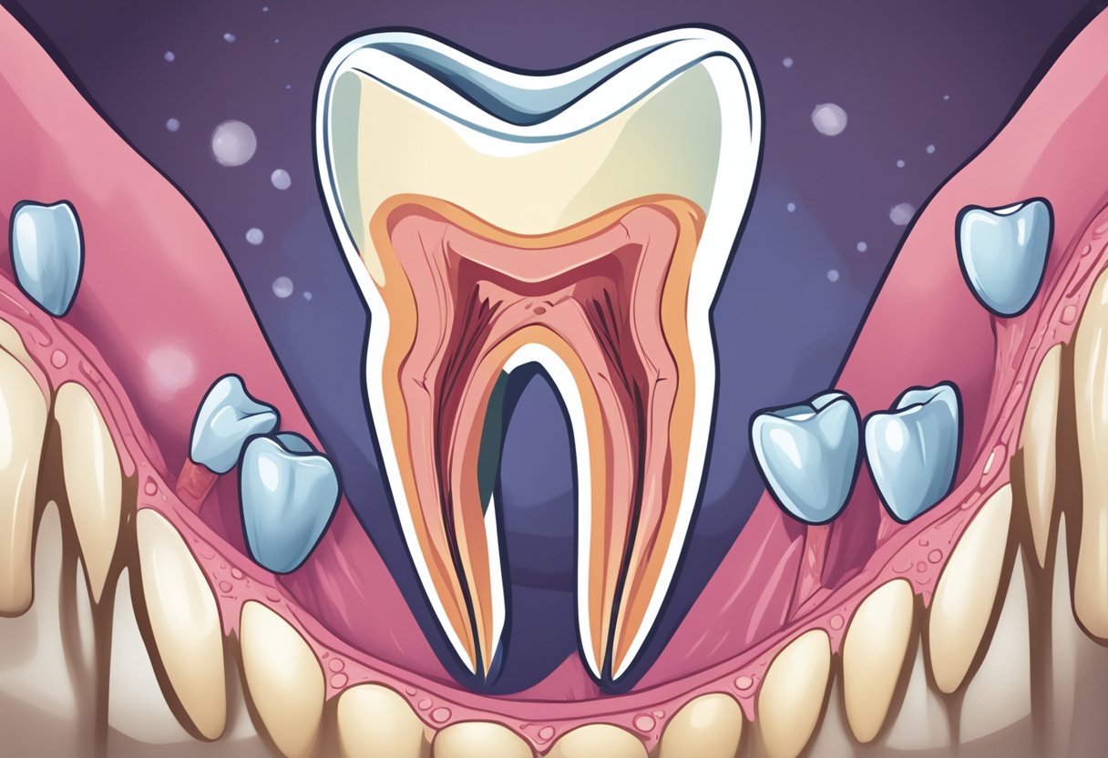 A tooth with a crack and decay, surrounded by inflamed gums and a weakened enamel, with the background showing a silhouette of a person with the symptoms of lupus