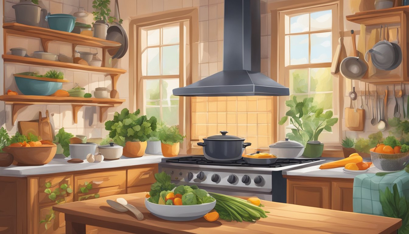 A cozy kitchen with a steaming pot on the stove, surrounded by fresh ingredients and warm, inviting colors. A comforting atmosphere that evokes feelings of warmth and emotional well-being